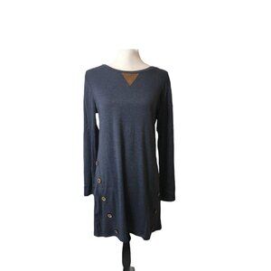 Tunic Dress Womens Small Blue Long Sleeve Elbow Patch Accent Buttons Soft Knit
